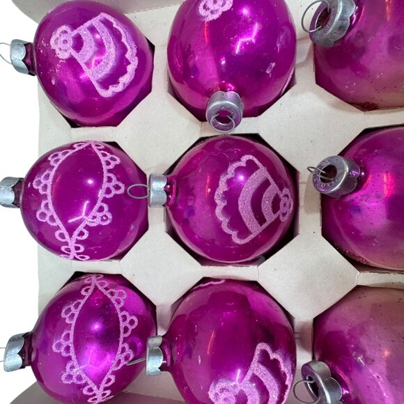 20 Vintage Glass Christmas Tree Ornaments Pink & Green Hand Glitter Shiny Brite - Picture 4 of 7